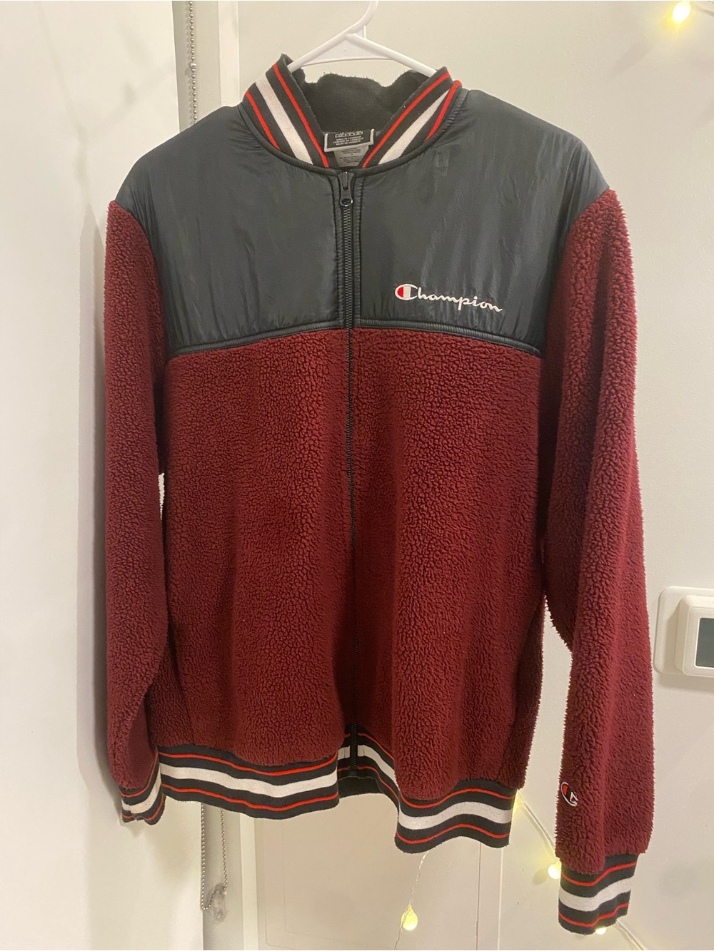 Champion Sherpa Fleece Full Zip Jacket Mens Large Maroon Black Streetwear Y2K